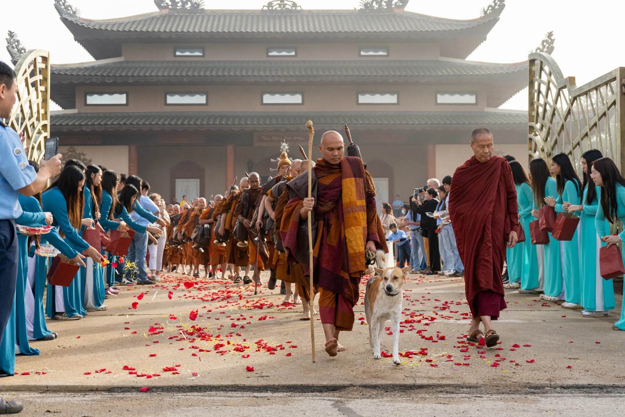 Temple ceremony with flower petals
