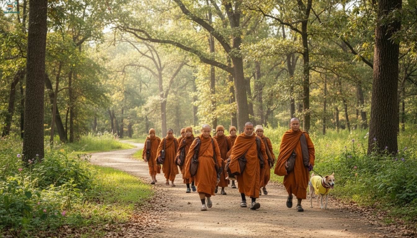 Monks walking through forest with Aloka